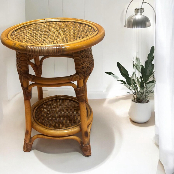 Vintage MCM Rattan and Bamboo side table BOHO Authentic Vintage MCM Home Decor - Picture 7 of 10